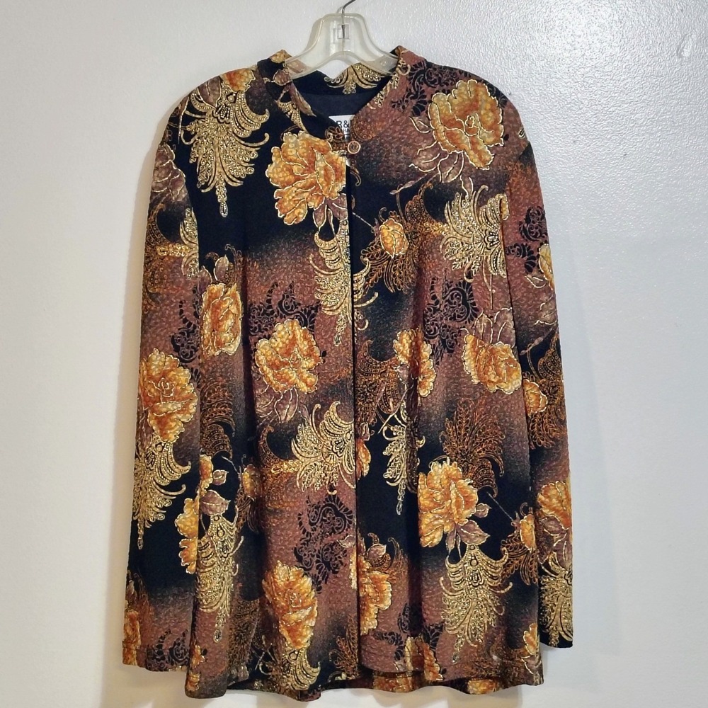 R&M Richards Woman Floral Brocade Metallic Jacket Gold Black Plus Size 18W USA